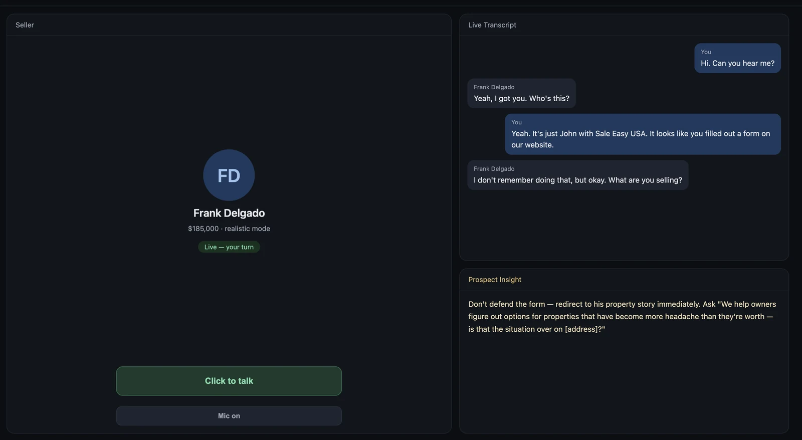 Osprex AI role play mode with a simulated seller, live transcript, and prospect insight